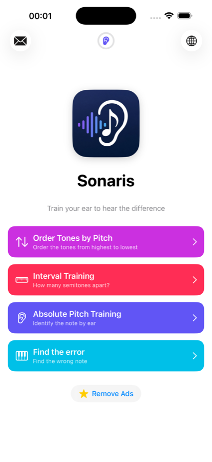 Sonaris on iPhone – main menu with four challenges